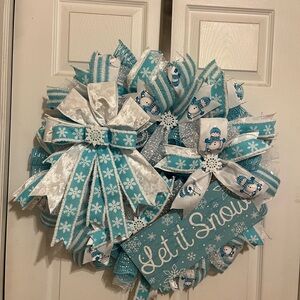 Festive Snowman Holiday Wreath - Blue and White